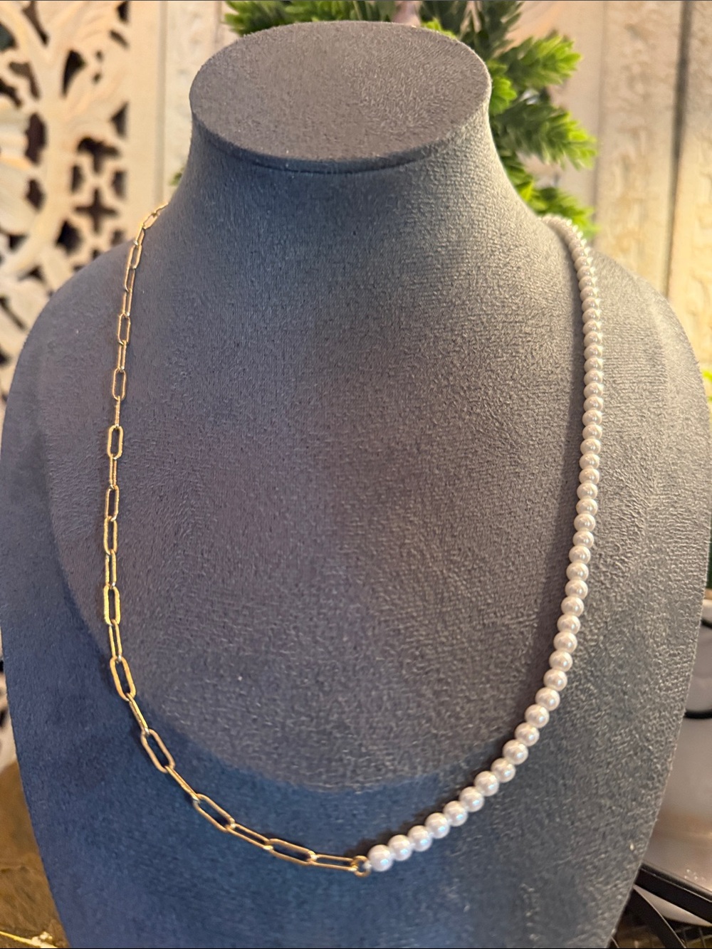 J. Crew Gold Link and White Pearl Half Necklace